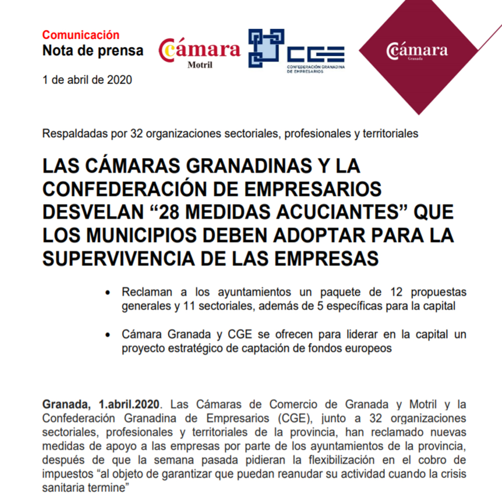 Las Cámaras granadinas y la Confederación de Empresarios desvelan «28 medidas acuciantes» que los municipios deben adoptar para la supervivencia de las empresas.
